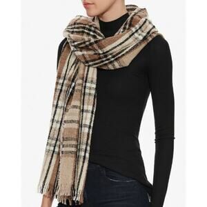 Luisa Brini Scarf Plaid Checkered Fringe Tan Black 90% Virgin Wool Made In Italy